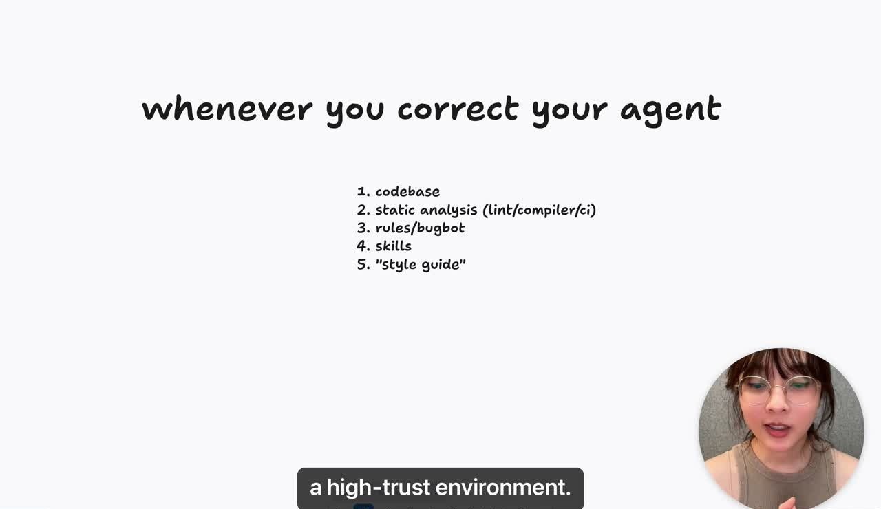 纠正 agent 的五层顺序：codebase、静态分析、rules/BugBot、skills、style guide