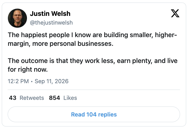 Justin Welsh 谈一人高利润企业的推文