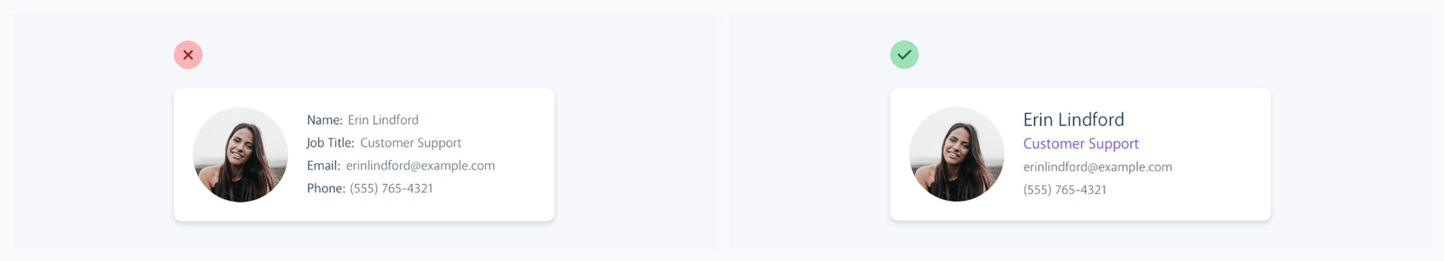 左:Name/Email/Phone 标签平摊权重;右:去标签后格式自明、层级洗练